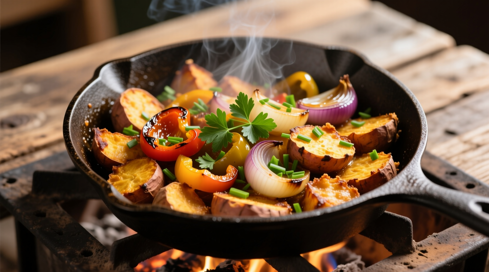 Golden brown sweet potato hash with peppers and onions in cast iron skillet