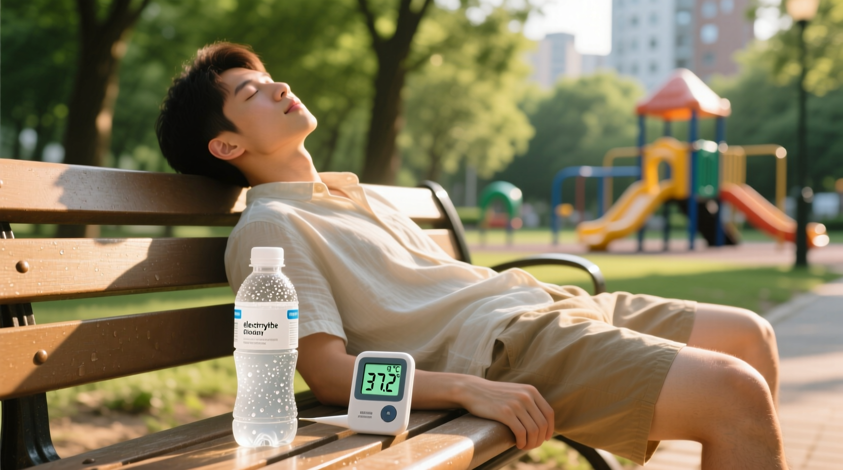 Person resting with electrolyte drink and thermometer