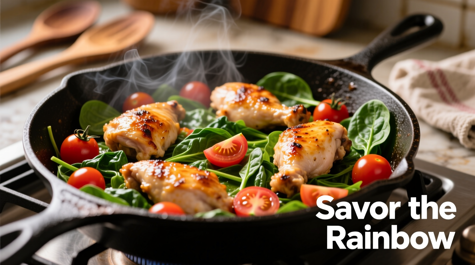 Colorful chicken spinach skillet with tomatoes