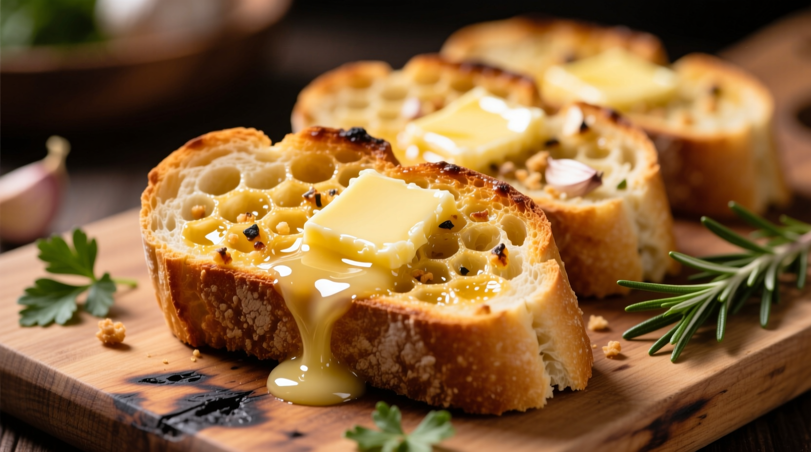 Golden garlic bread with melted butter drizzling