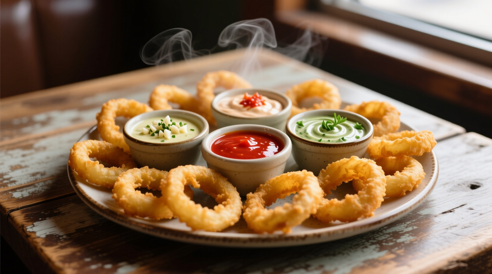 Three dipping sauces for crispy onion rings on wooden table
