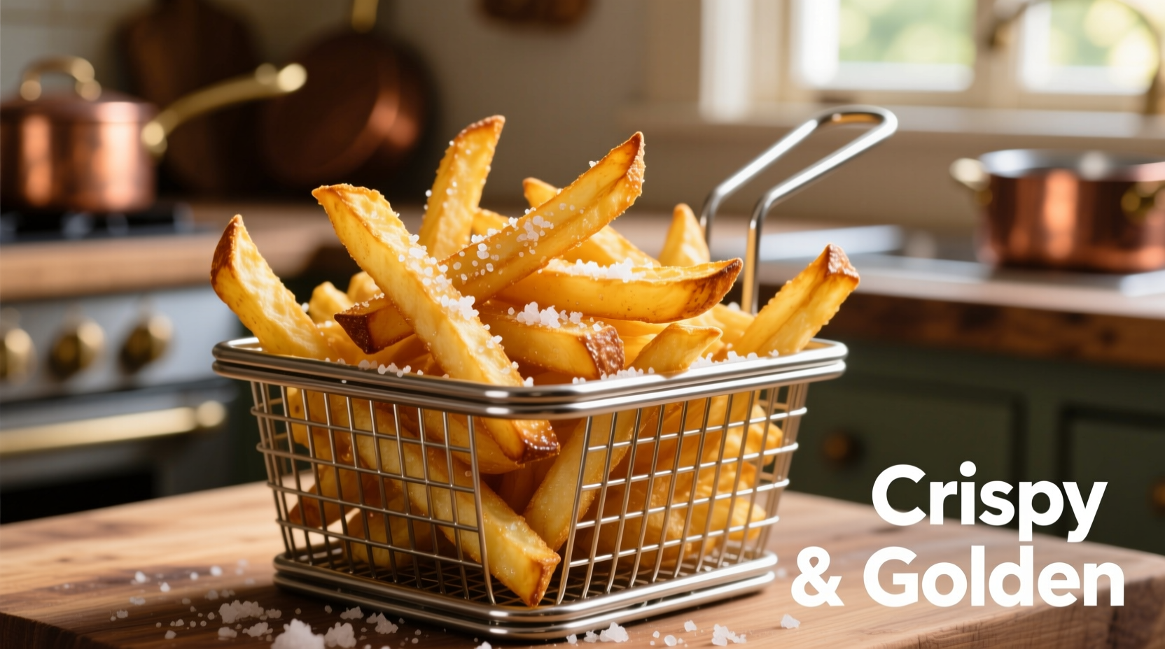Golden russet potato fries in a metal basket with salt