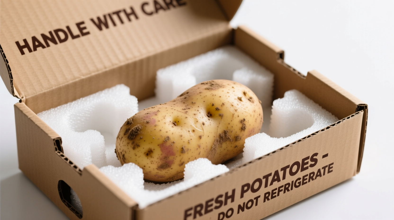 Properly packaged potato in shipping box with cushioning
