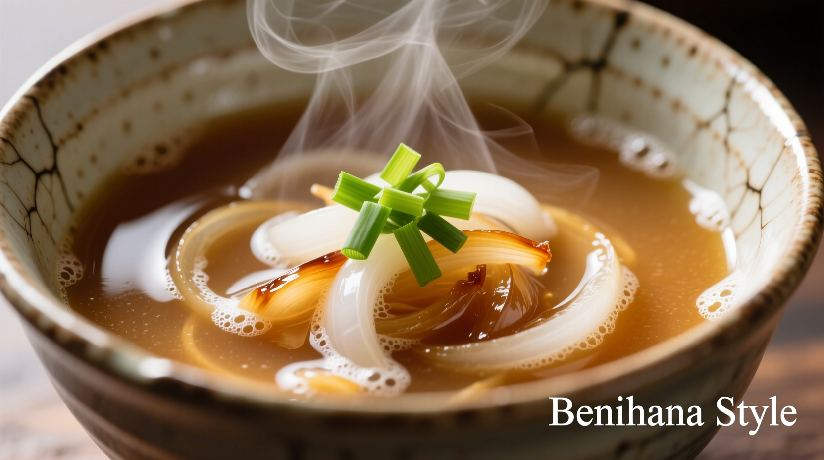 Steaming bowl of Benihana-style miso onion soup