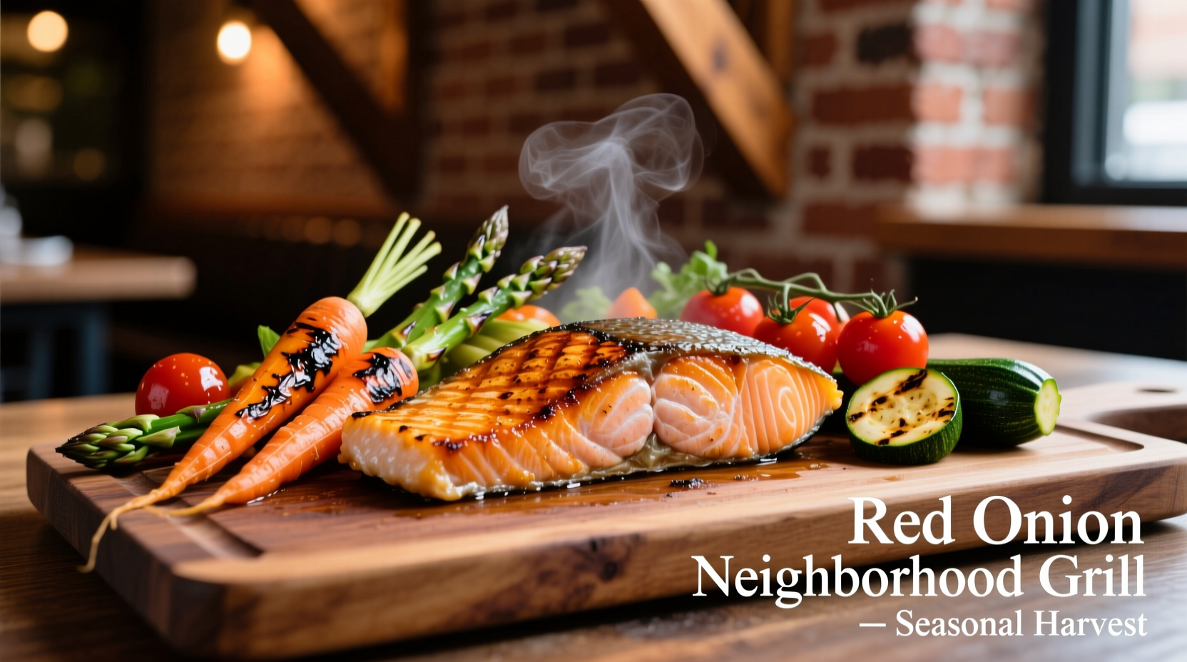 Grilled salmon with seasonal vegetables at Red Onion Neighborhood Grill