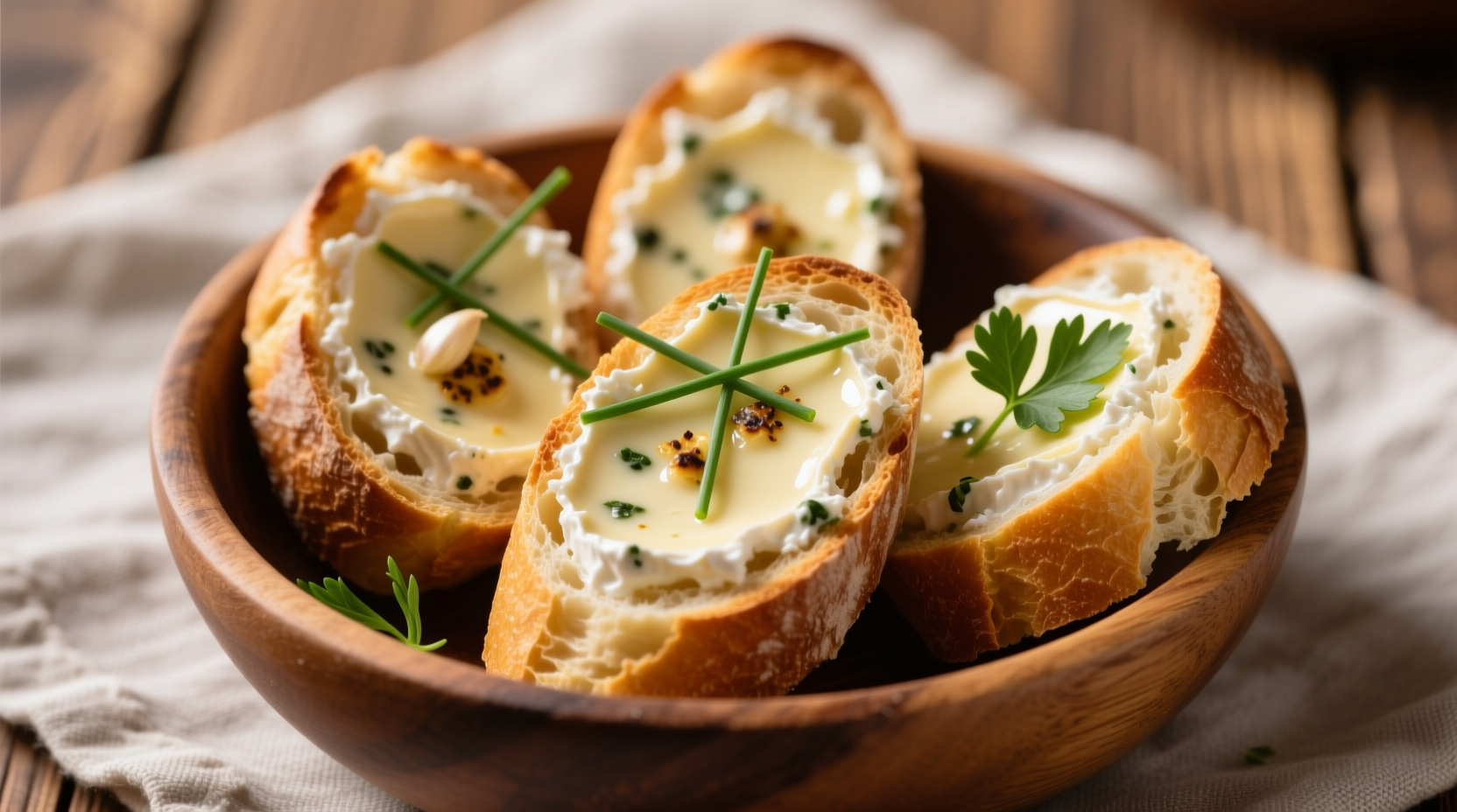 Boursin garlic cheese spread on baguette slices