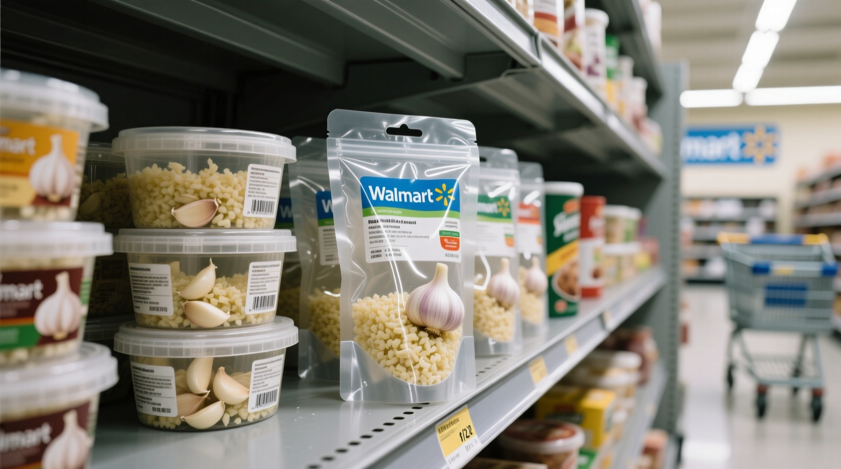Minced garlic containers on Walmart shelf
