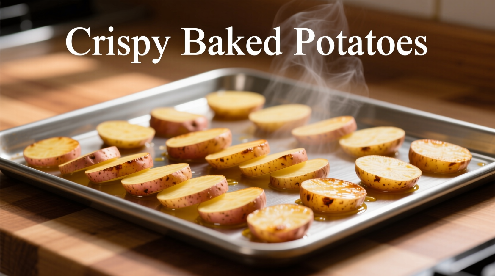 Thinly sliced russet potatoes arranged on baking sheet