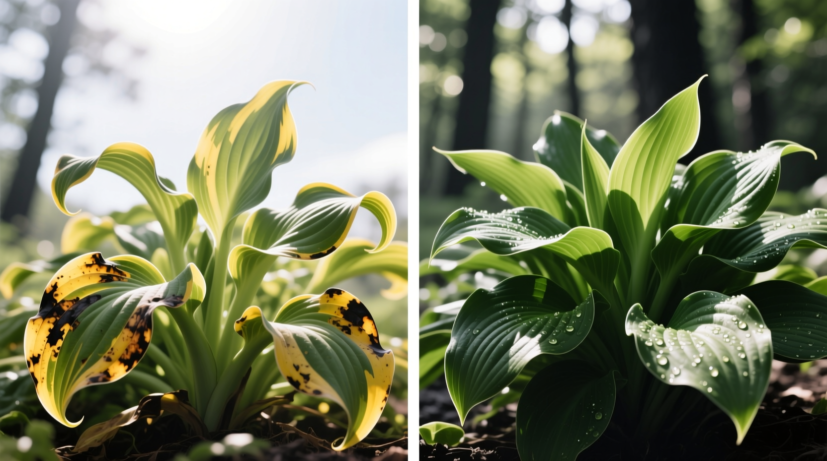 Side-by-side hosta comparison: sun-scorched leaves vs healthy partial-shade specimen