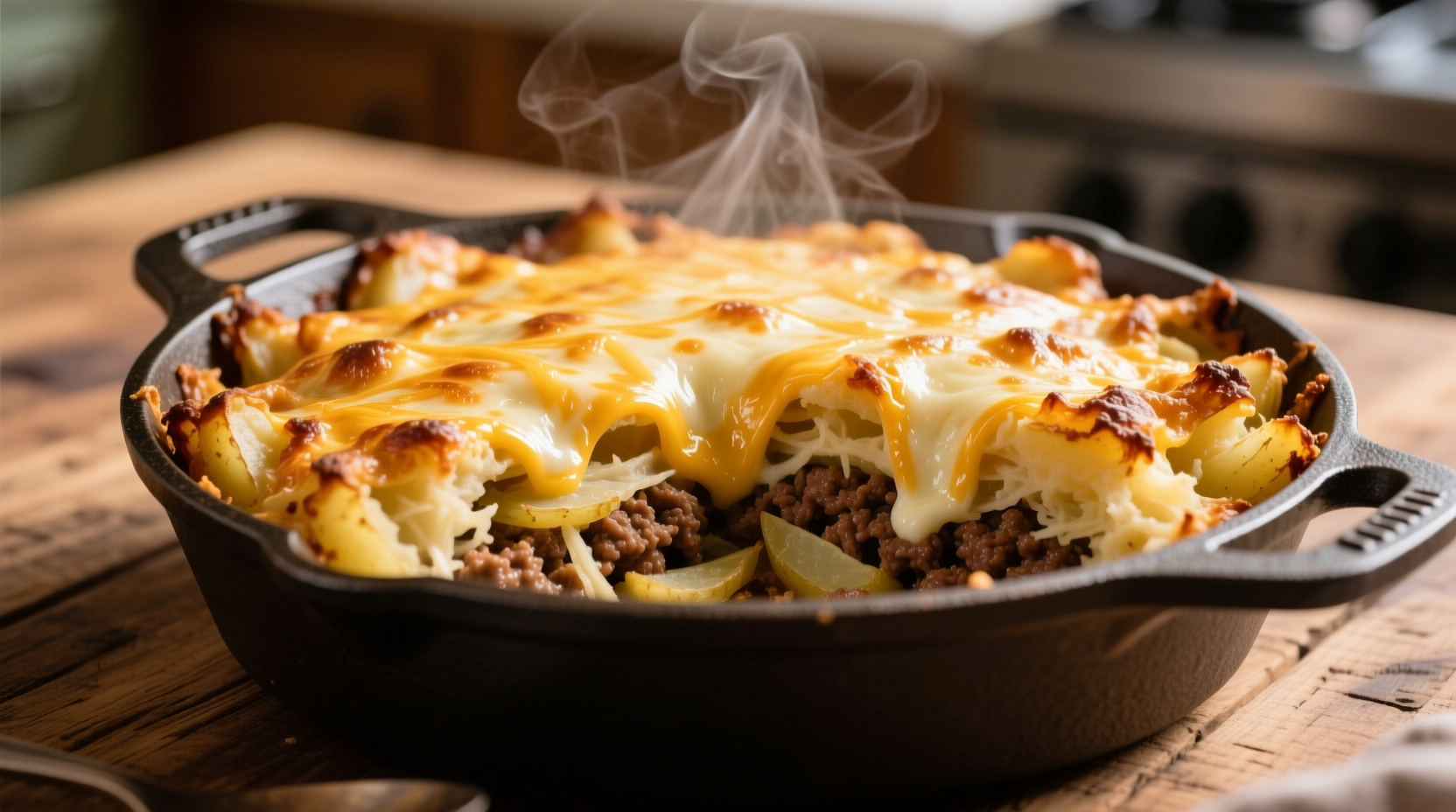 Golden baked hamburger potato casserole with melted cheese topping