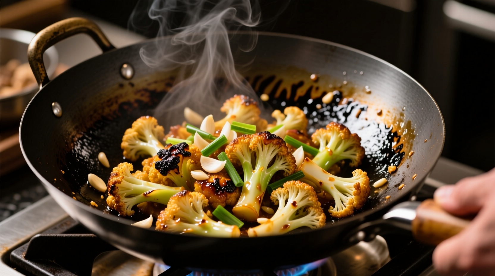 Crispy Chinese cauliflower stir fry in wok