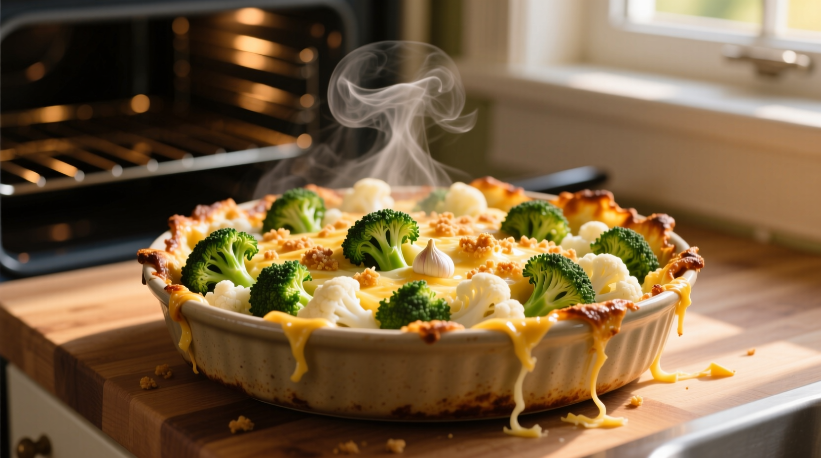 Golden broccoli cauliflower casserole fresh from oven