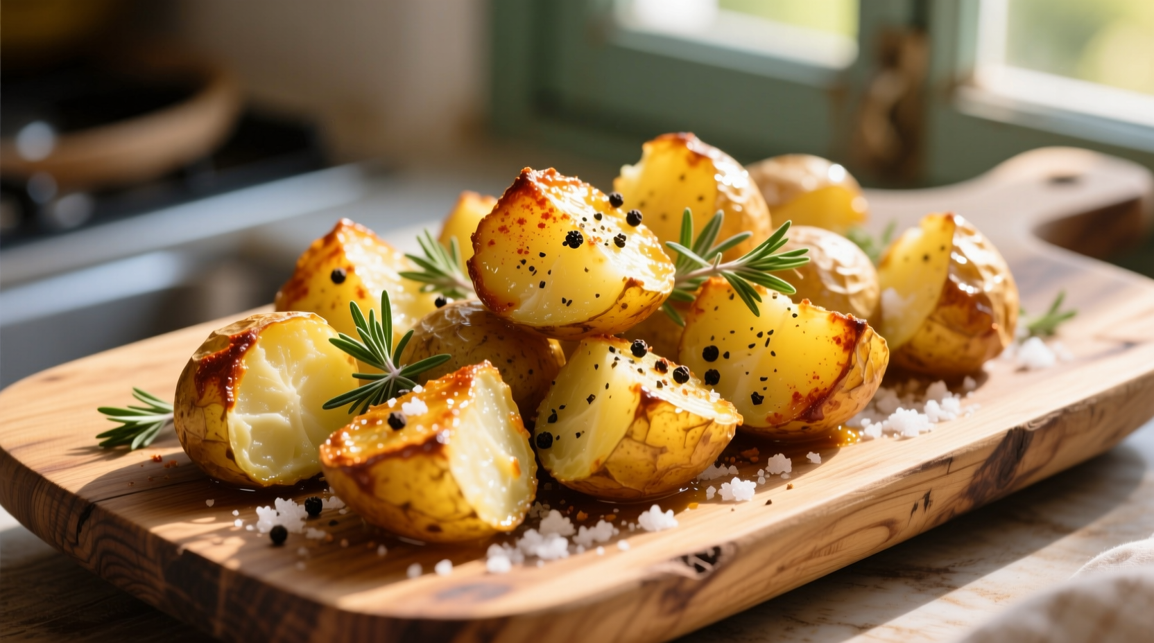 Golden lemon Greek potatoes on rustic platter