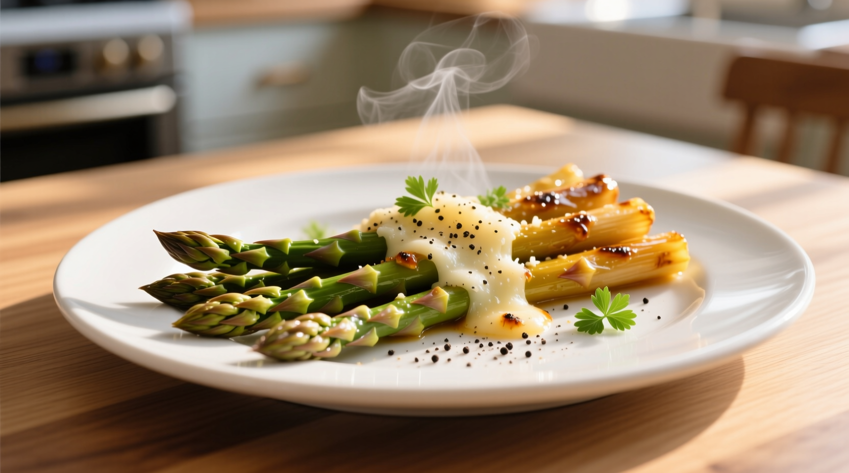 Fresh roasted garlic parmesan asparagus on white plate