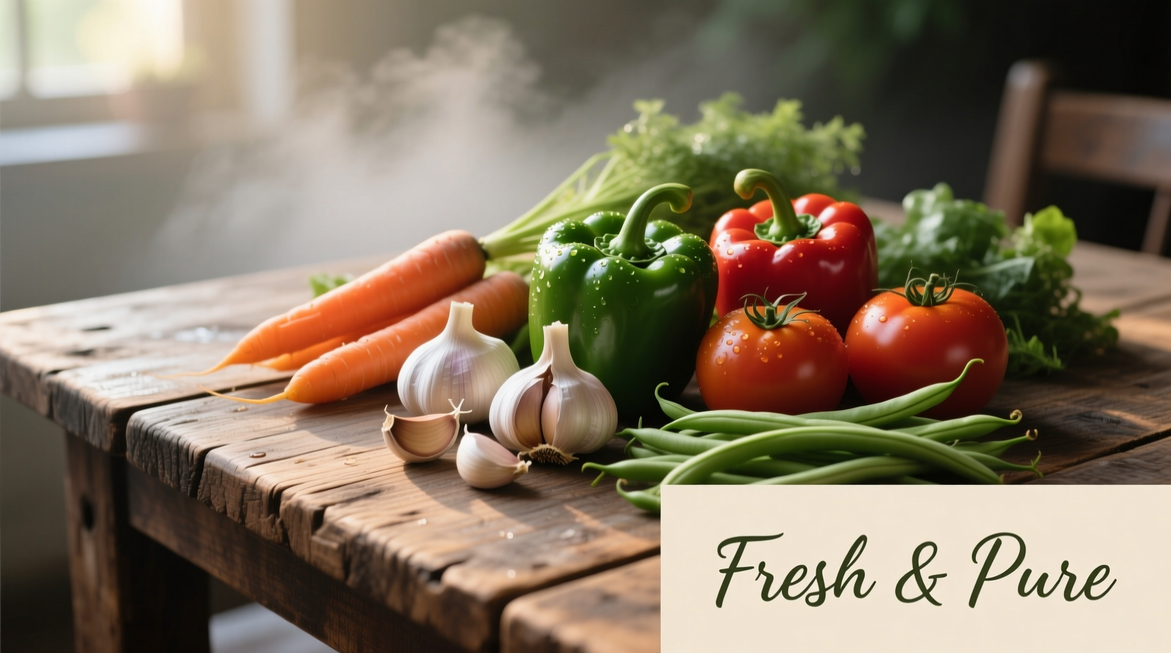 Garlic cloves next to fresh vegetables on wooden table