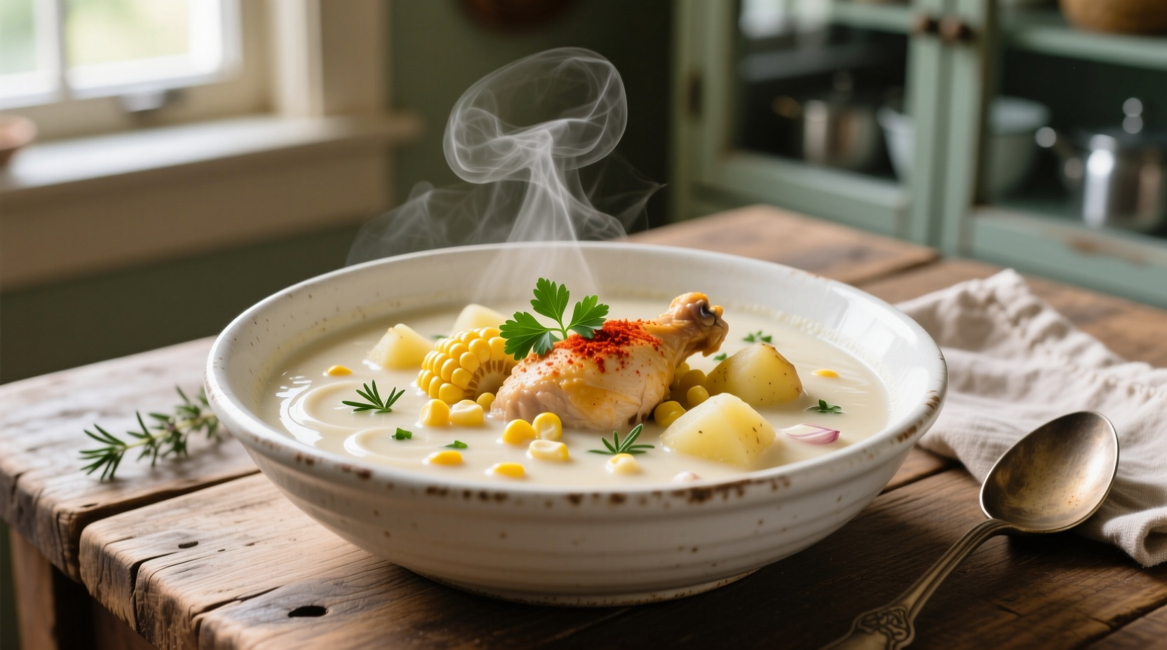 Creamy chicken corn potato chowder in white bowl