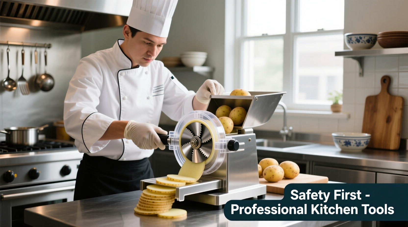 Professional chef using rotary potato cutter safely with guard