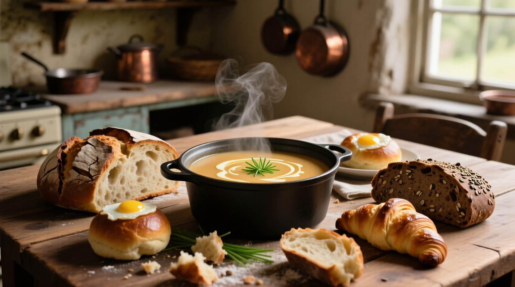 Assorted bread varieties with potato soup