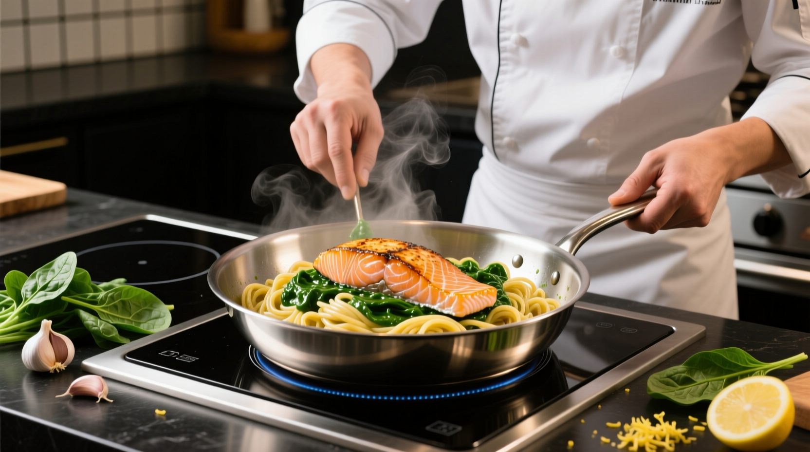 Chef preparing salmon and spinach pasta in stainless steel pan