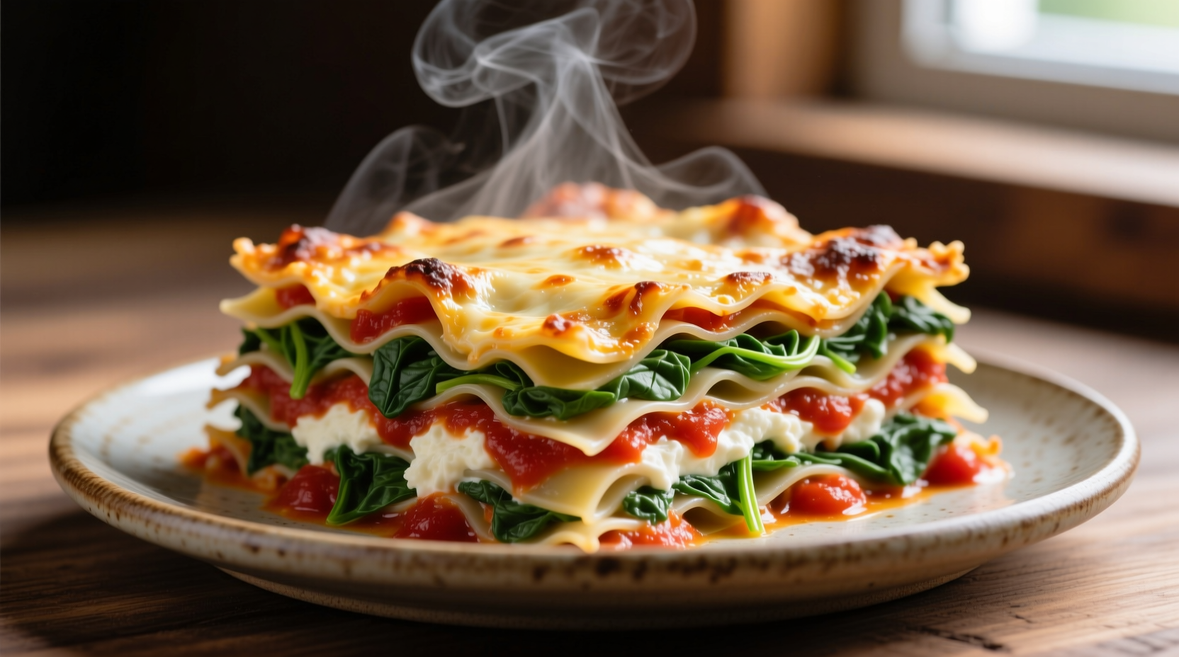 Perfectly layered spinach lasagne with golden cheese crust