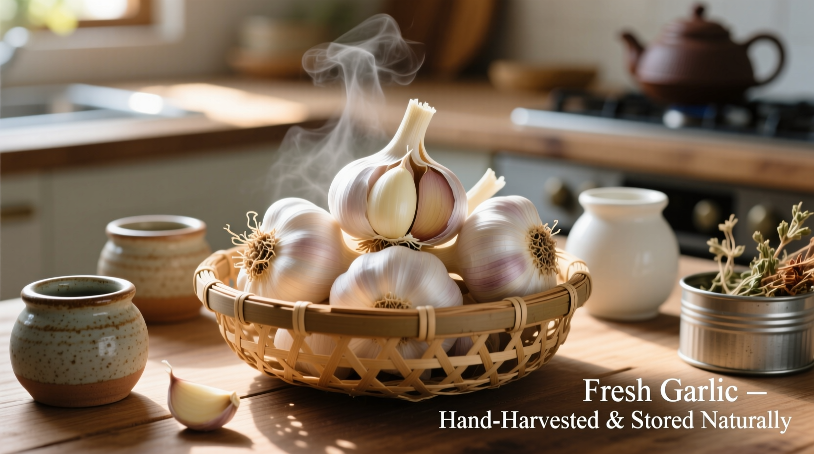 Fresh garlic bulbs in woven basket with storage containers