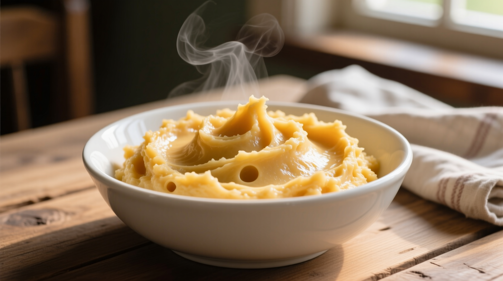 Creamy golden mashed sweet potatoes in white bowl