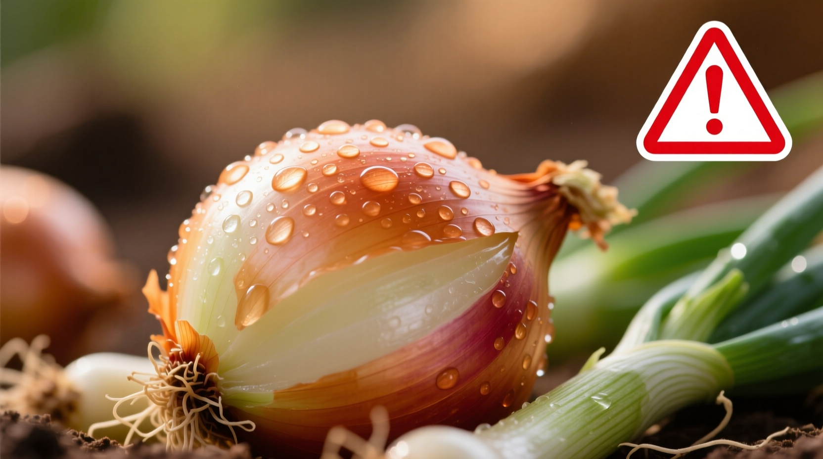 Close-up of fresh onions with warning symbol