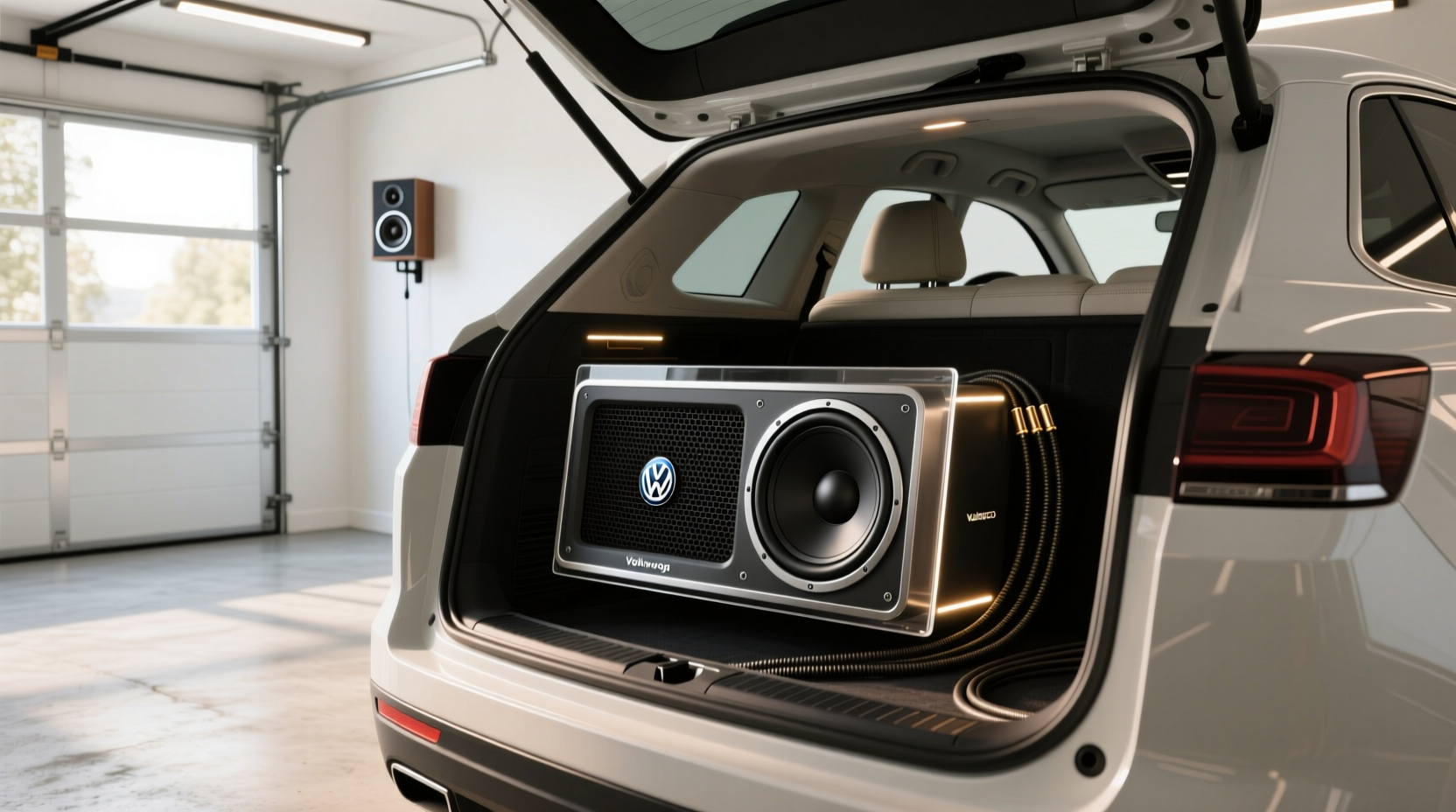 Factory-installed Harman Kardon subwoofer in spare wheel well of VW Golf