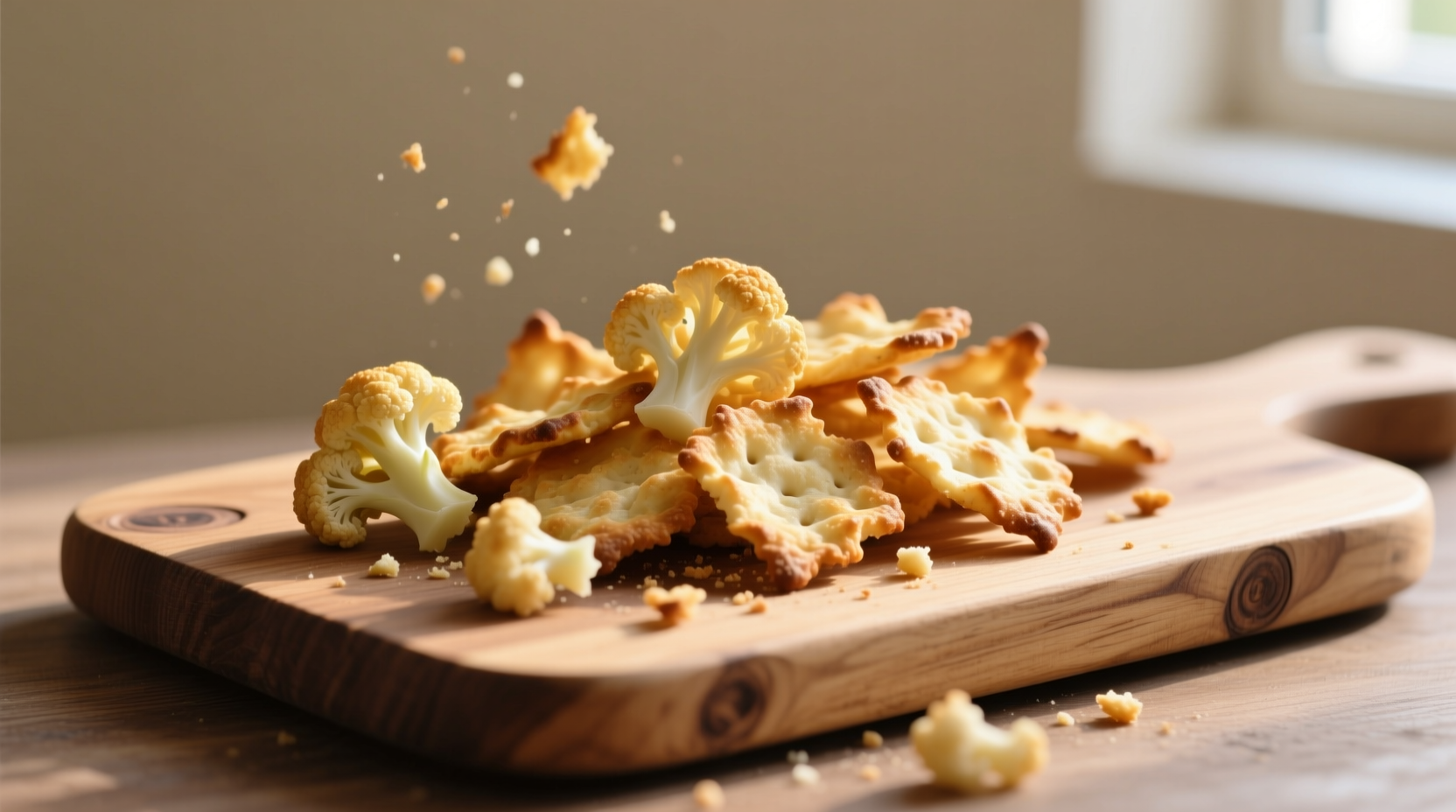 Homemade cauliflower crackers arranged on wooden board