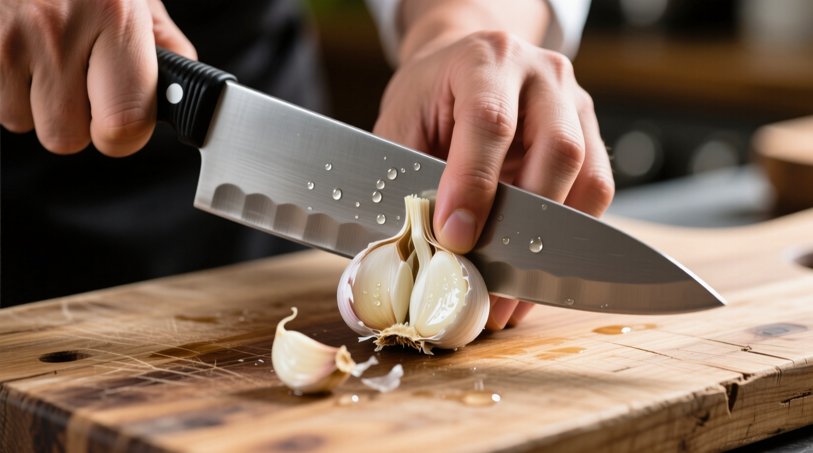 Hand crushing garlic clove with chef's knife on wooden cutting board