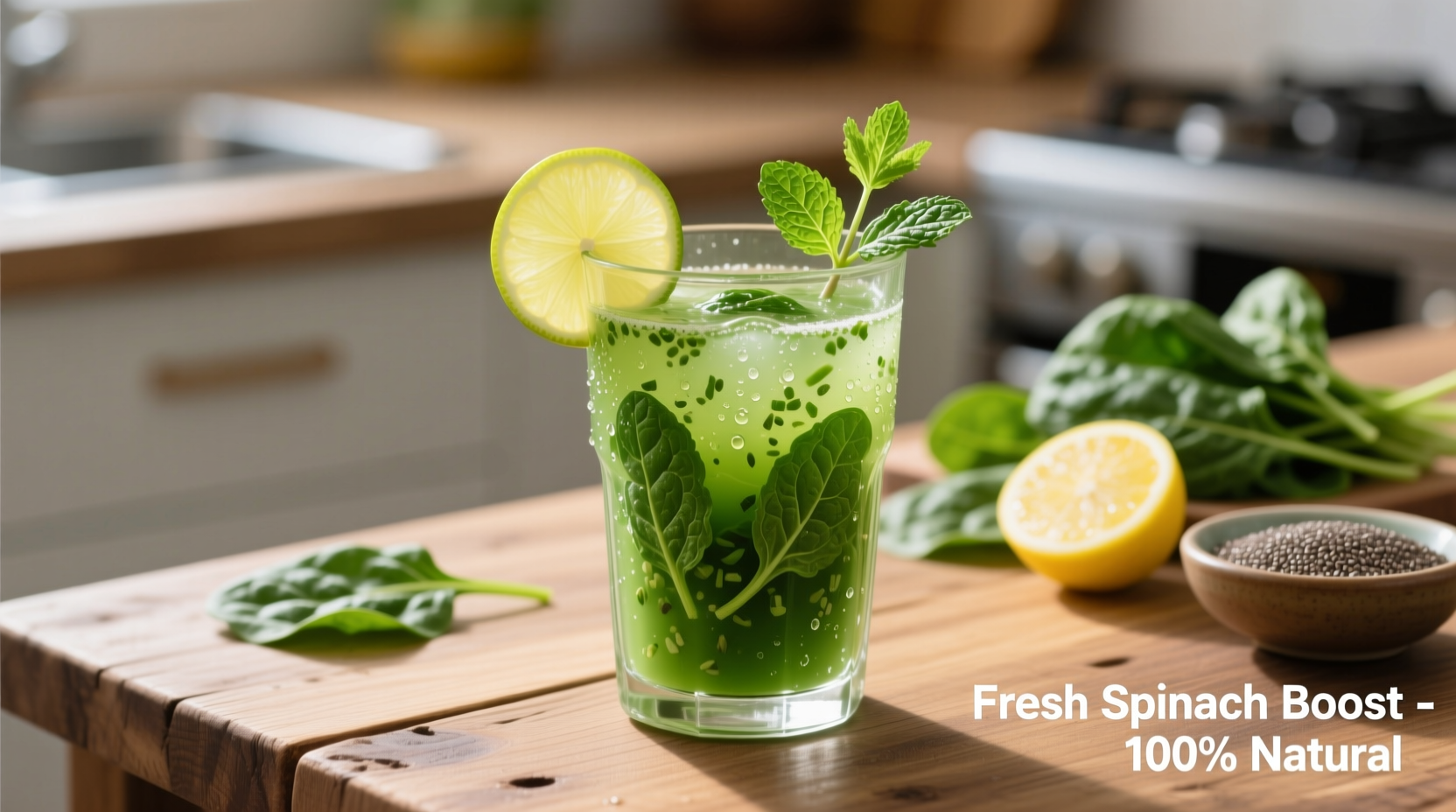 Fresh spinach drink in glass with ingredients