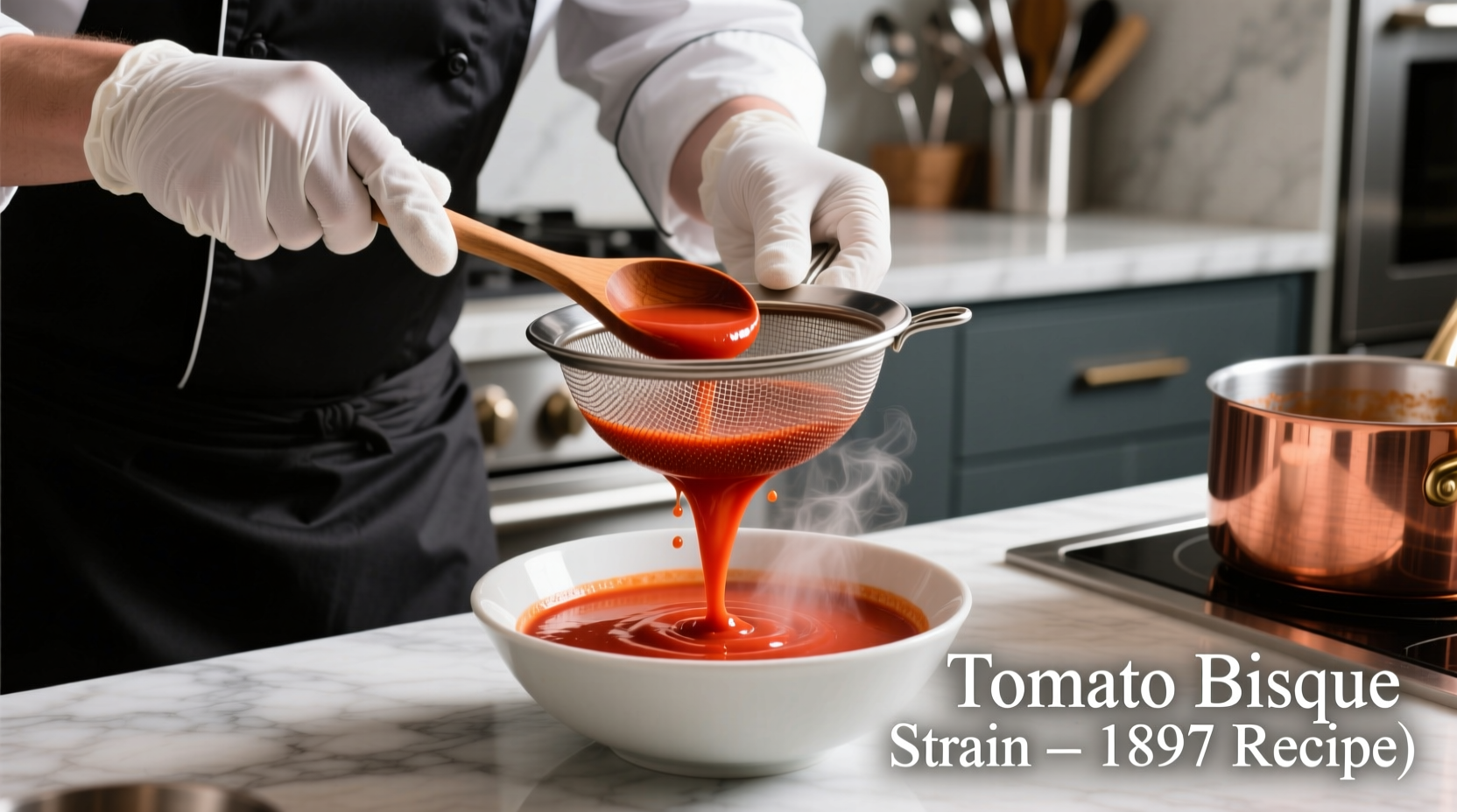 Chef carefully straining tomato bisque through fine mesh sieve