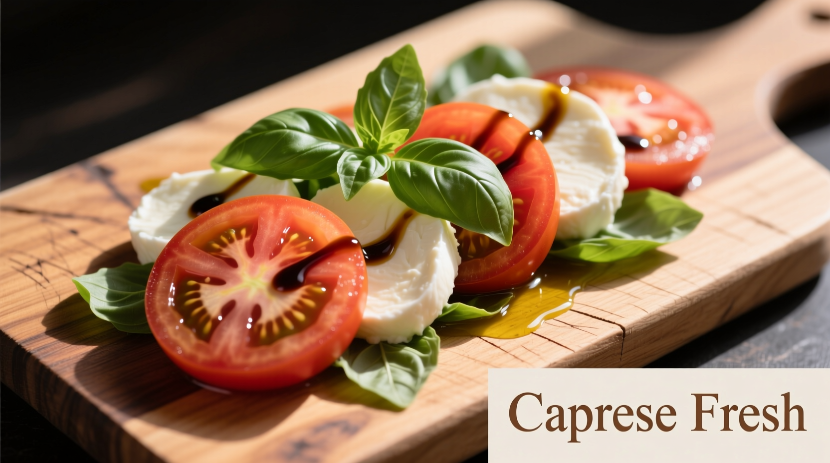 Fresh tomato caprese salad on rustic wooden board