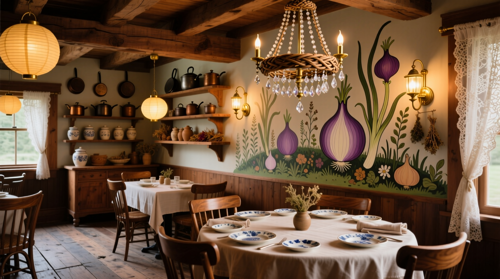 The Purple Onion restaurant interior with wooden decor