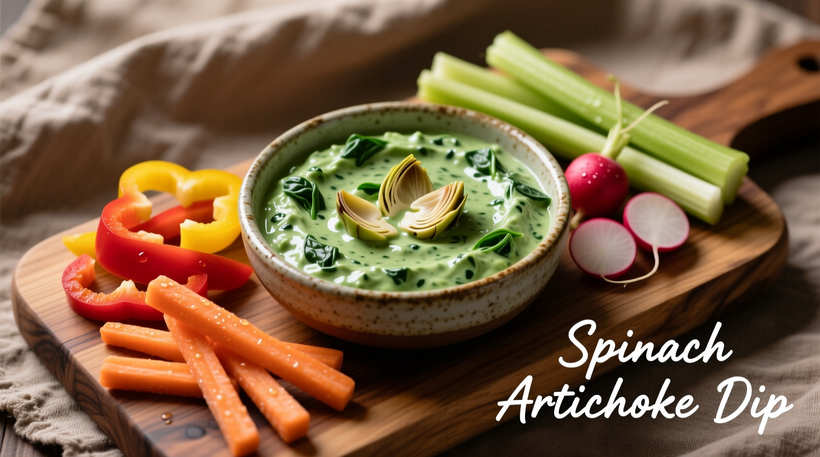 Spinach artichoke dip with fresh vegetables for dipping
