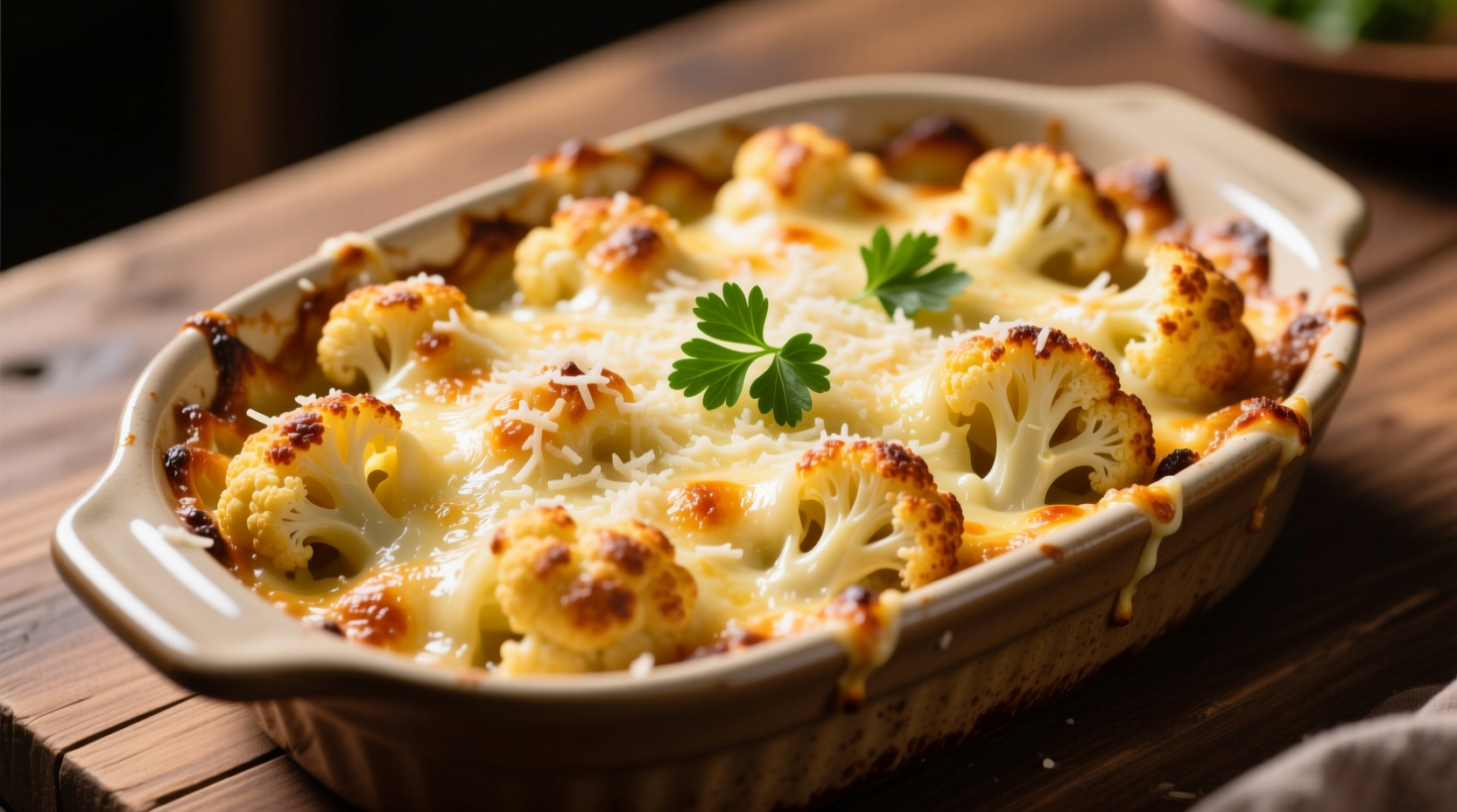 Golden baked cauliflower parmesan with melted cheese topping