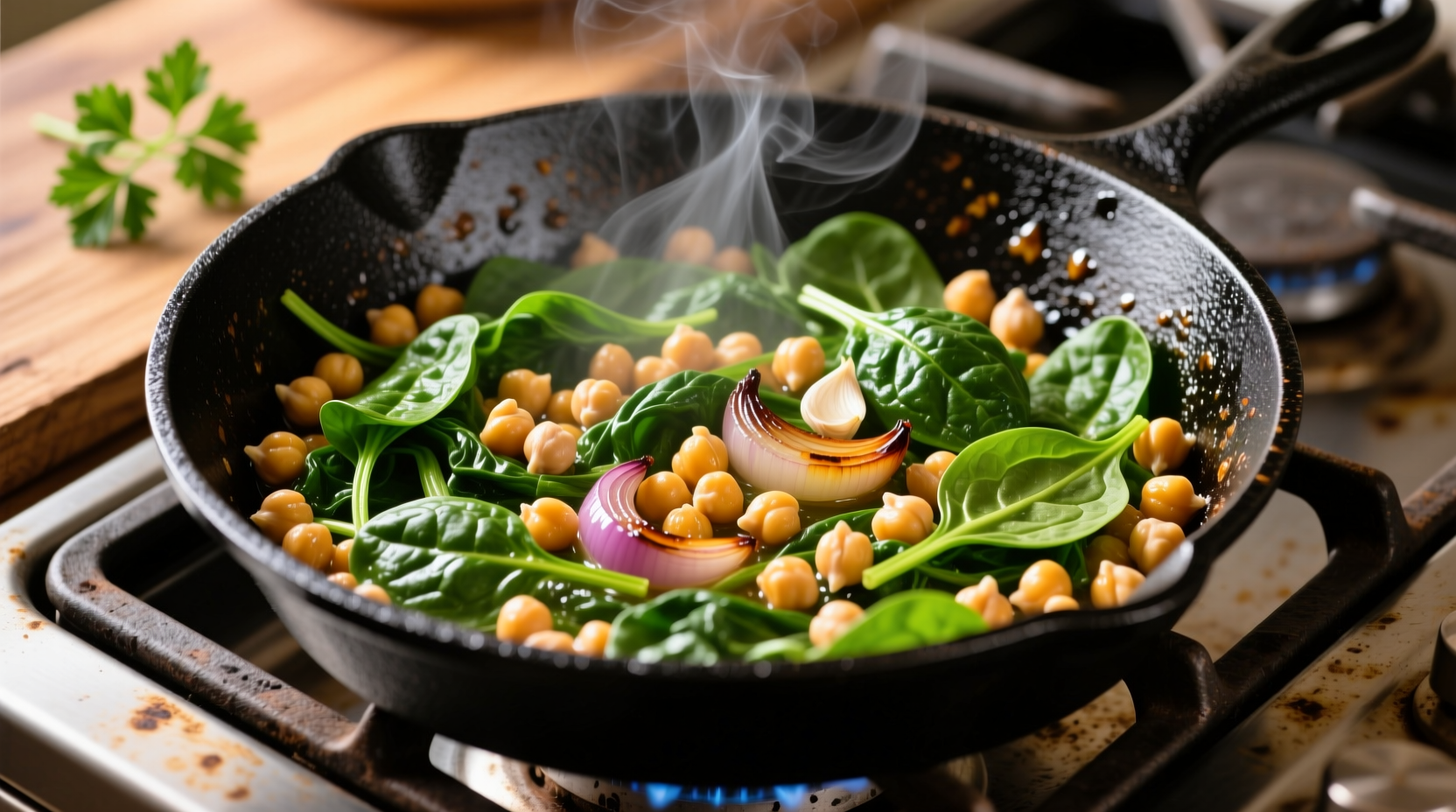 Vibrant chickpea spinach skillet in cast iron