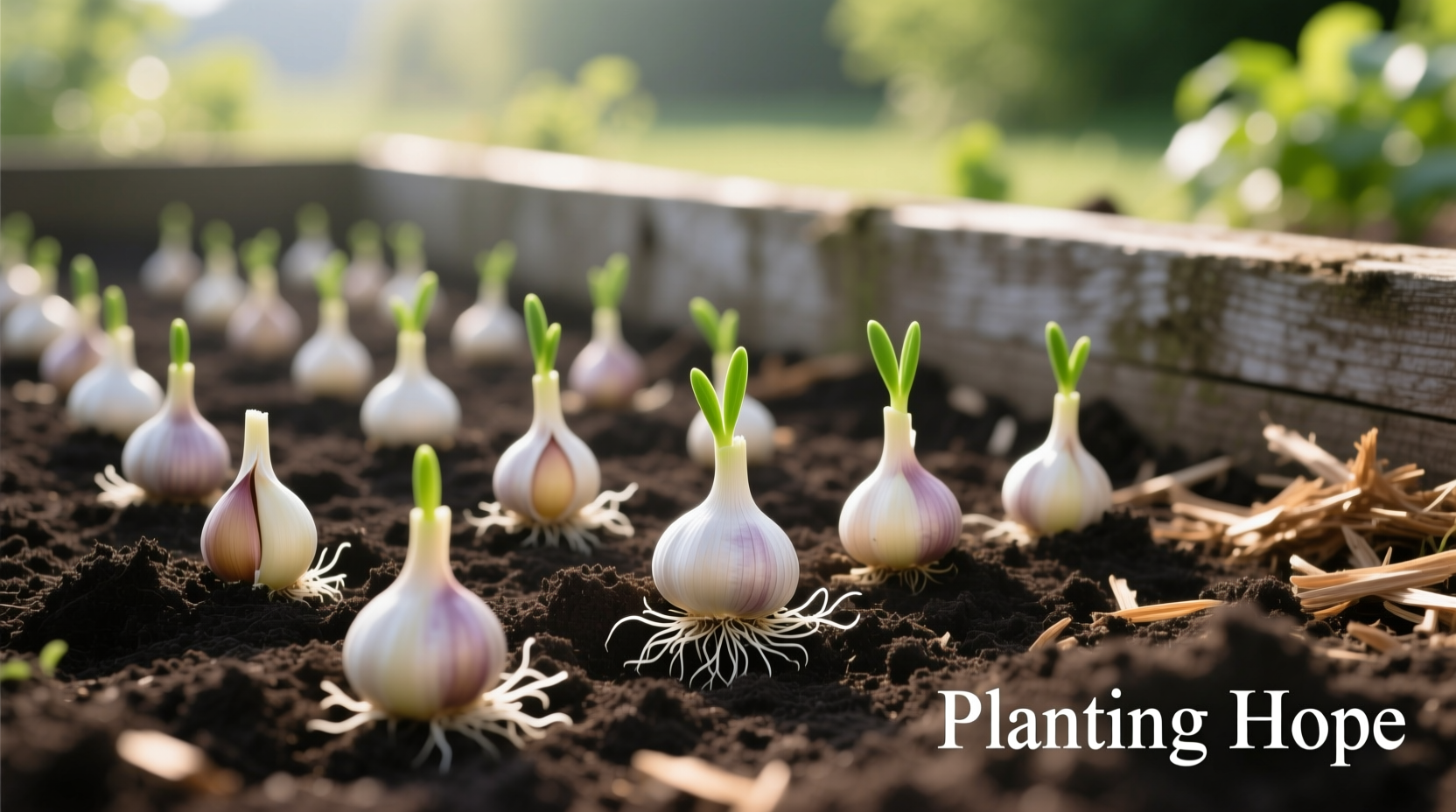 Garlic cloves planted pointy end up in garden soil