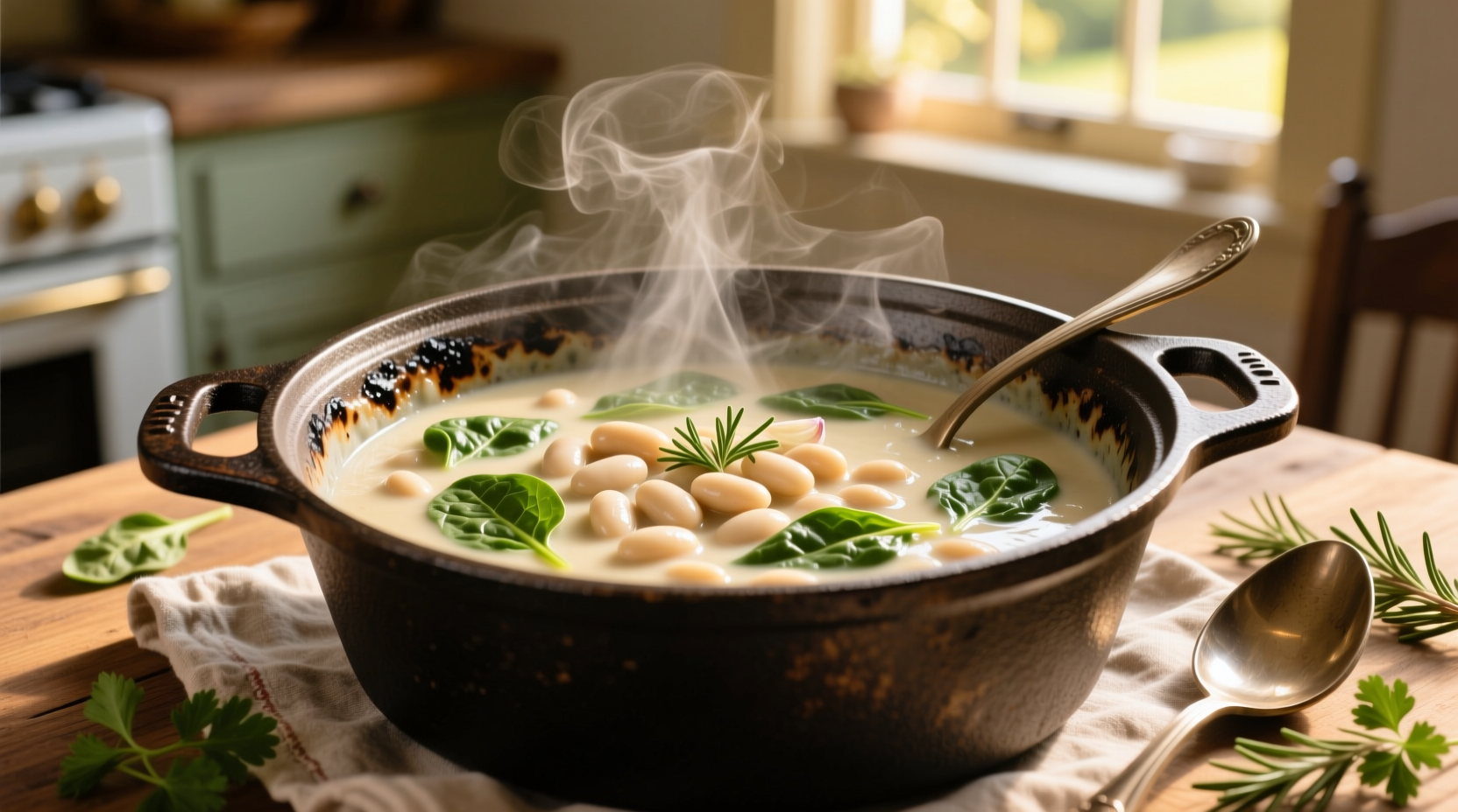Creamy white bean spinach stew in cast iron pot