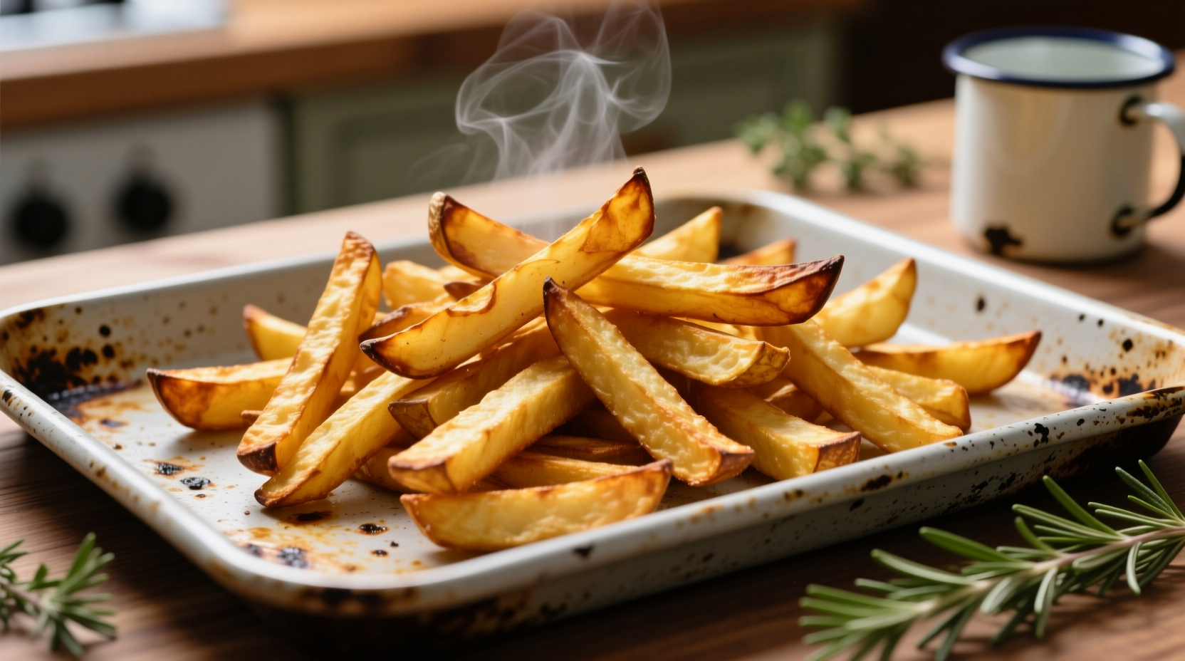 Golden brown oven baked potato fries on baking sheet