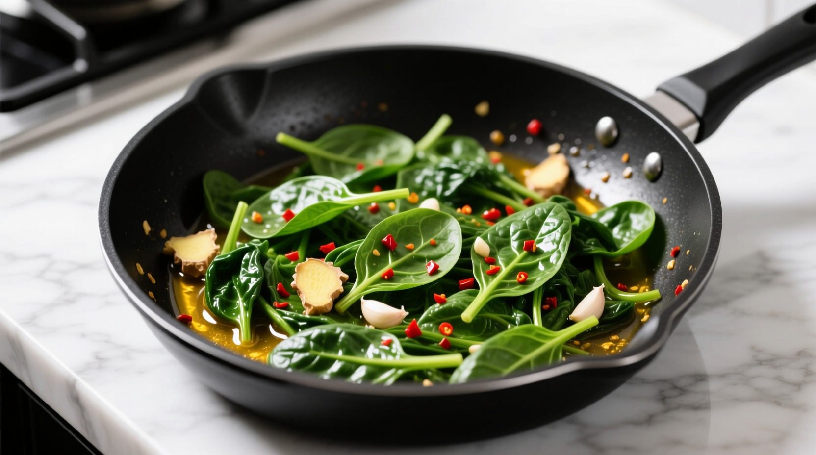 Sautéed spinach with ginger, garlic, and red pepper flakes in black skillet