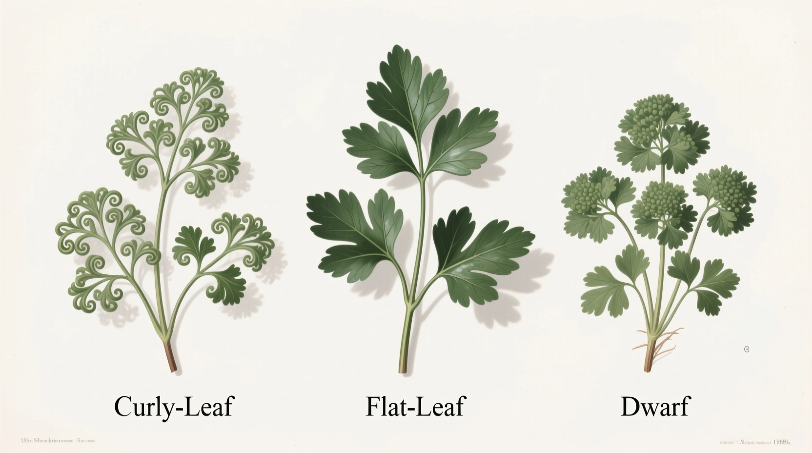 Three types of parsley plants side by side comparison