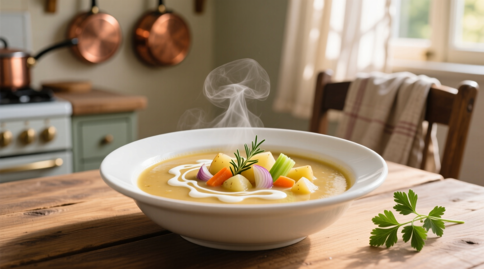 Creamy vegetable potato soup in white bowl