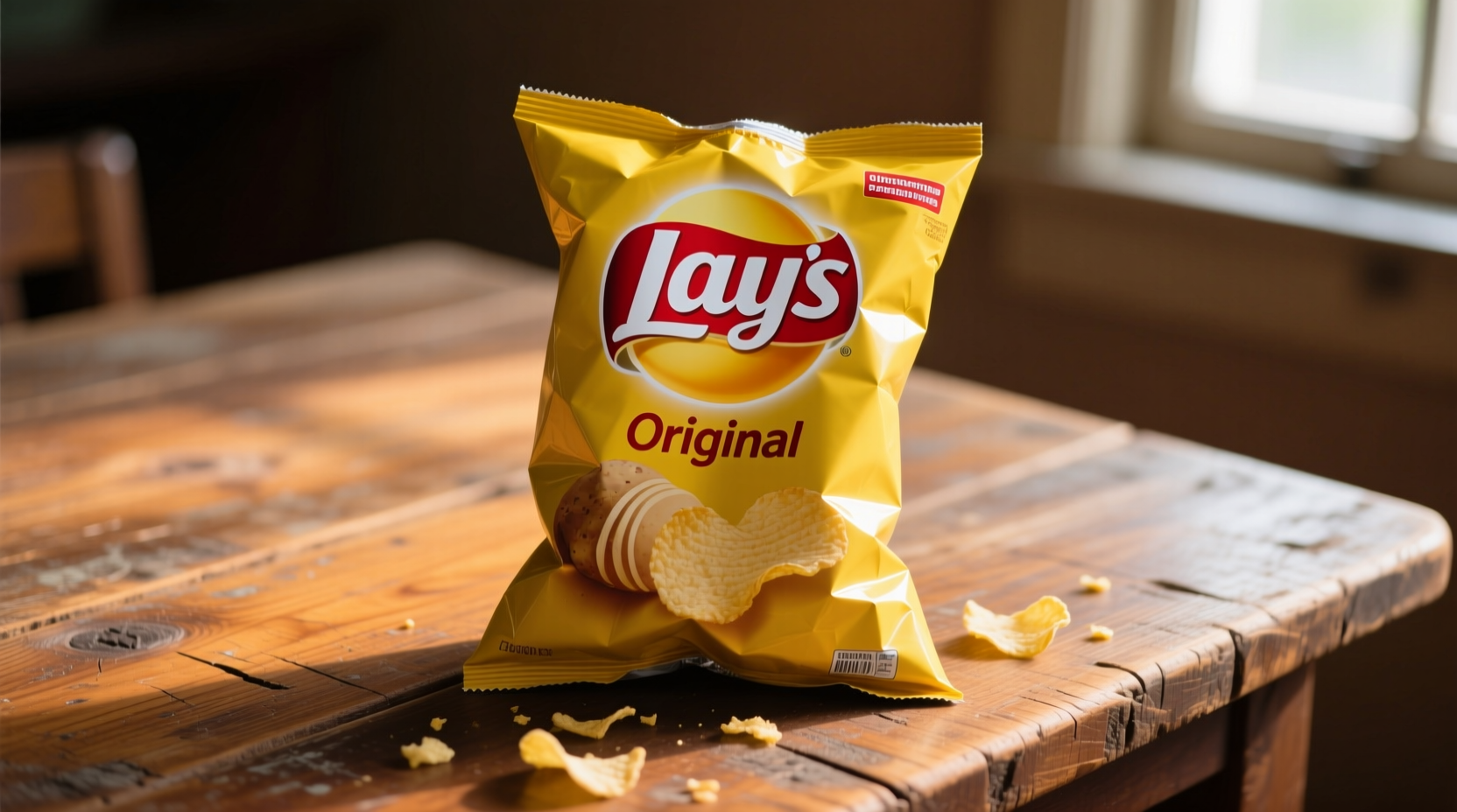 Yellow bag of Jays Original Potato Chips on wooden table