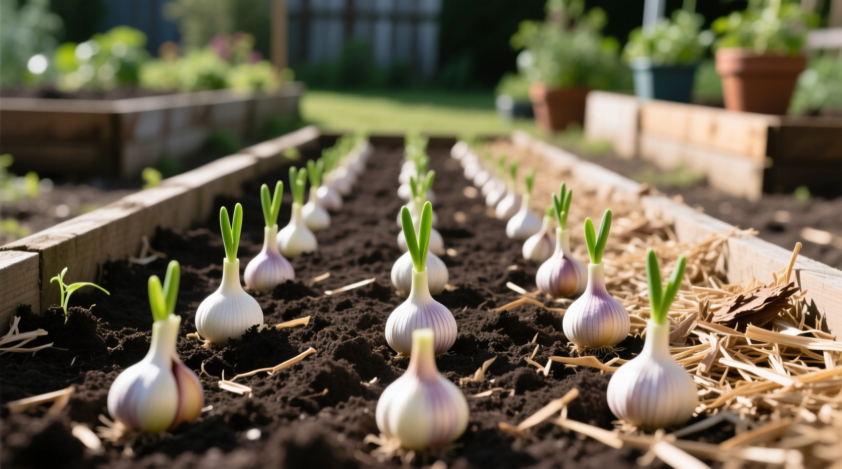 Garlic cloves properly spaced in garden soil before mulching