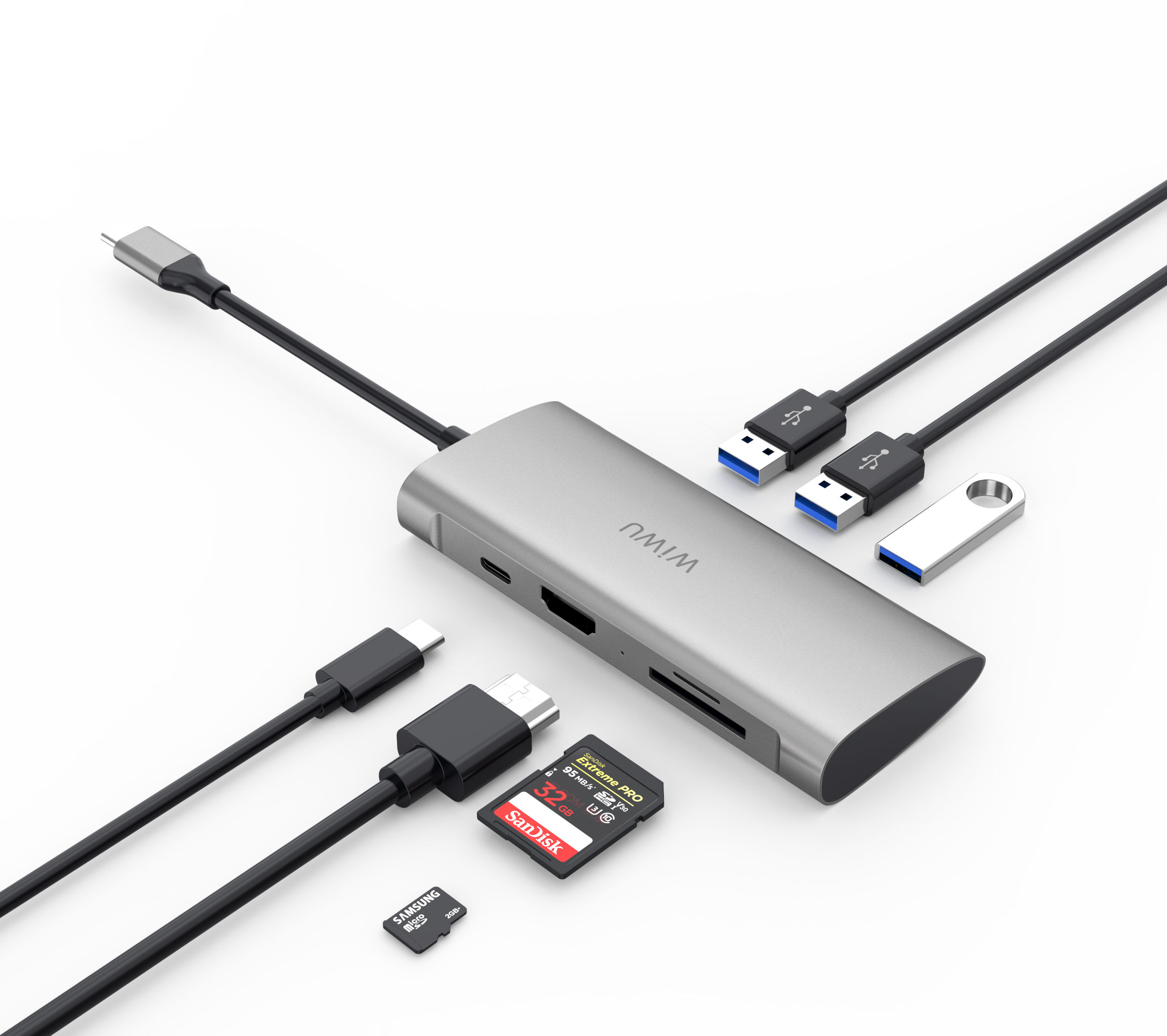 WiWU A731 7 in 1 USB C Hub Type C Multifunctional Expansion Dock Aluminum Alloy USB 3.0 SD Card Reader USB C Docking