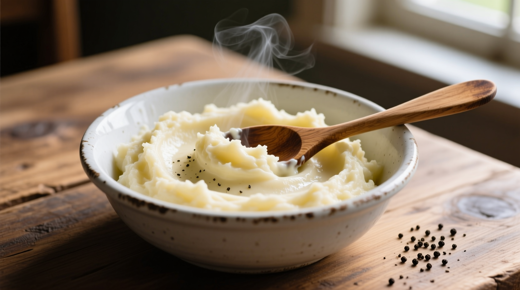Creamy mashed potatoes in white bowl with wooden spoon