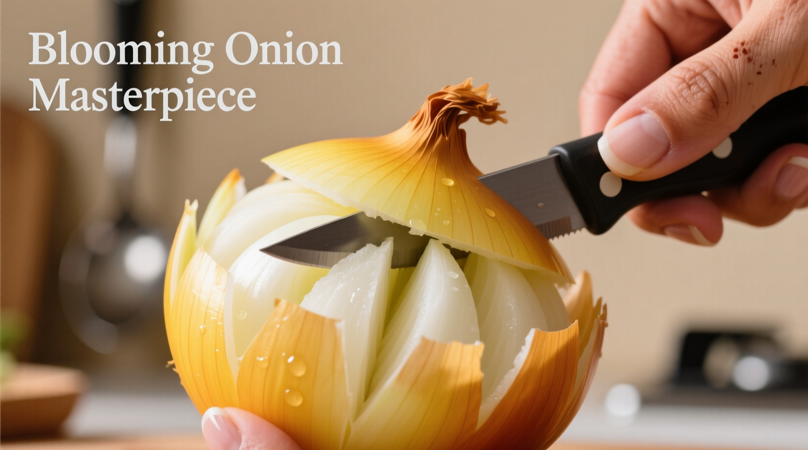 Hand using blooming onion maker with yellow onion