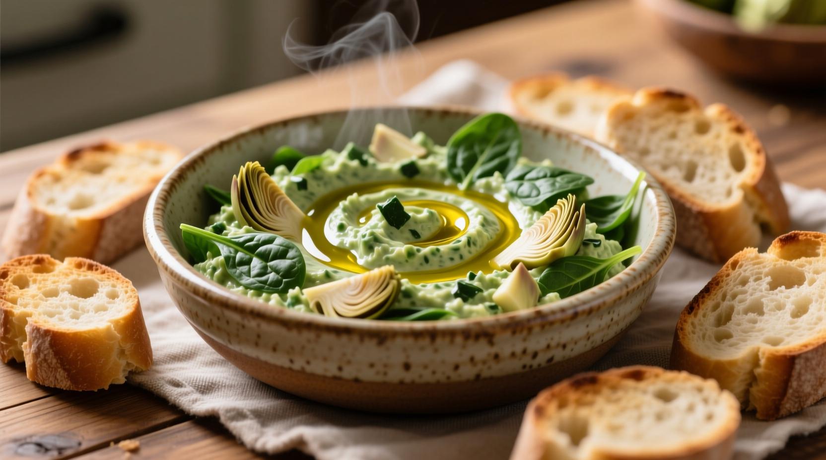 Fresh spinach artichoke dip in ceramic dish