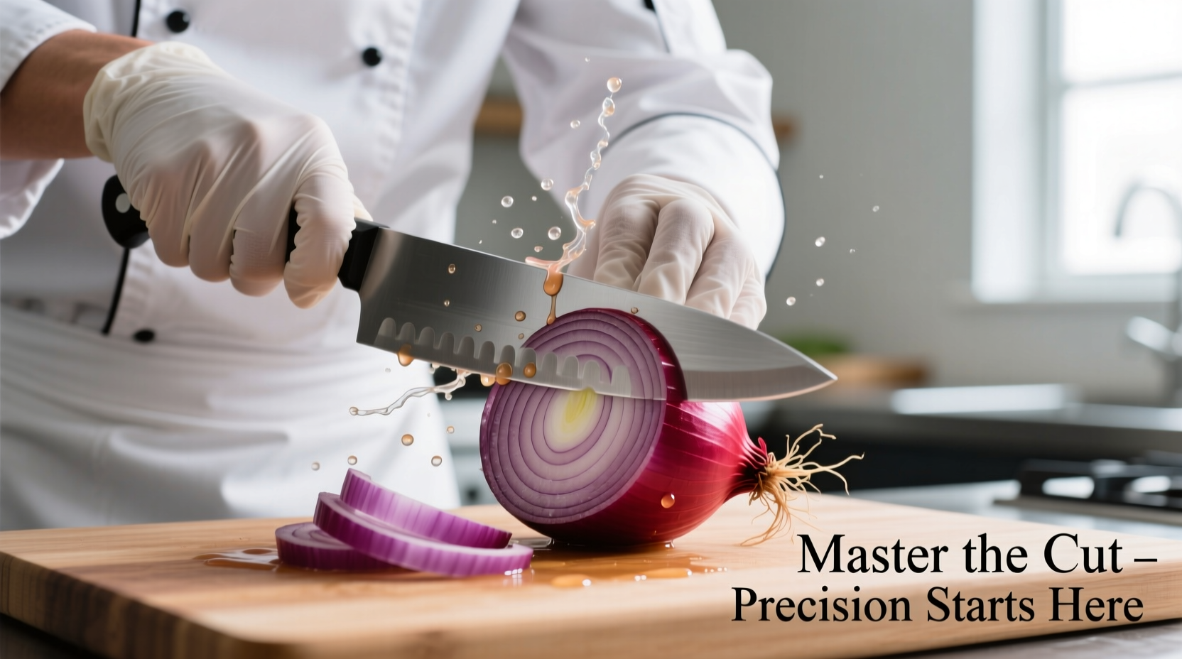 Chef demonstrating proper red onion cutting technique with sharp knife